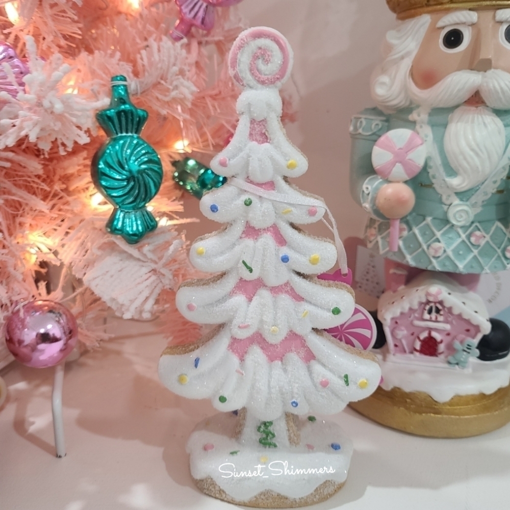 PEPPERMINT SQUARE Pink Gingerbread Cookie Tree Icing Frosted Sugared Figure 9.5"